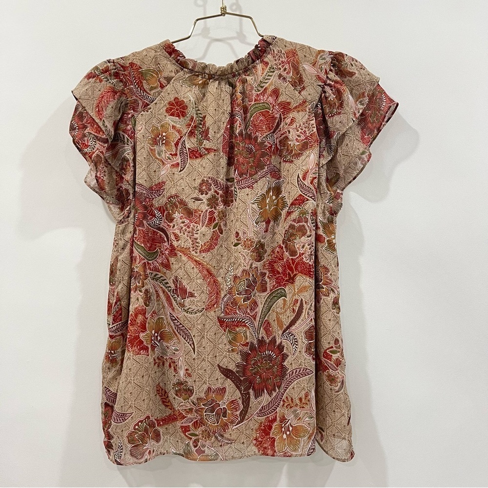 Joie Floral metallic Cap Ruffle Sleeve Size Medium Lined Brown Red Blouse Top - Picture 2 of 11